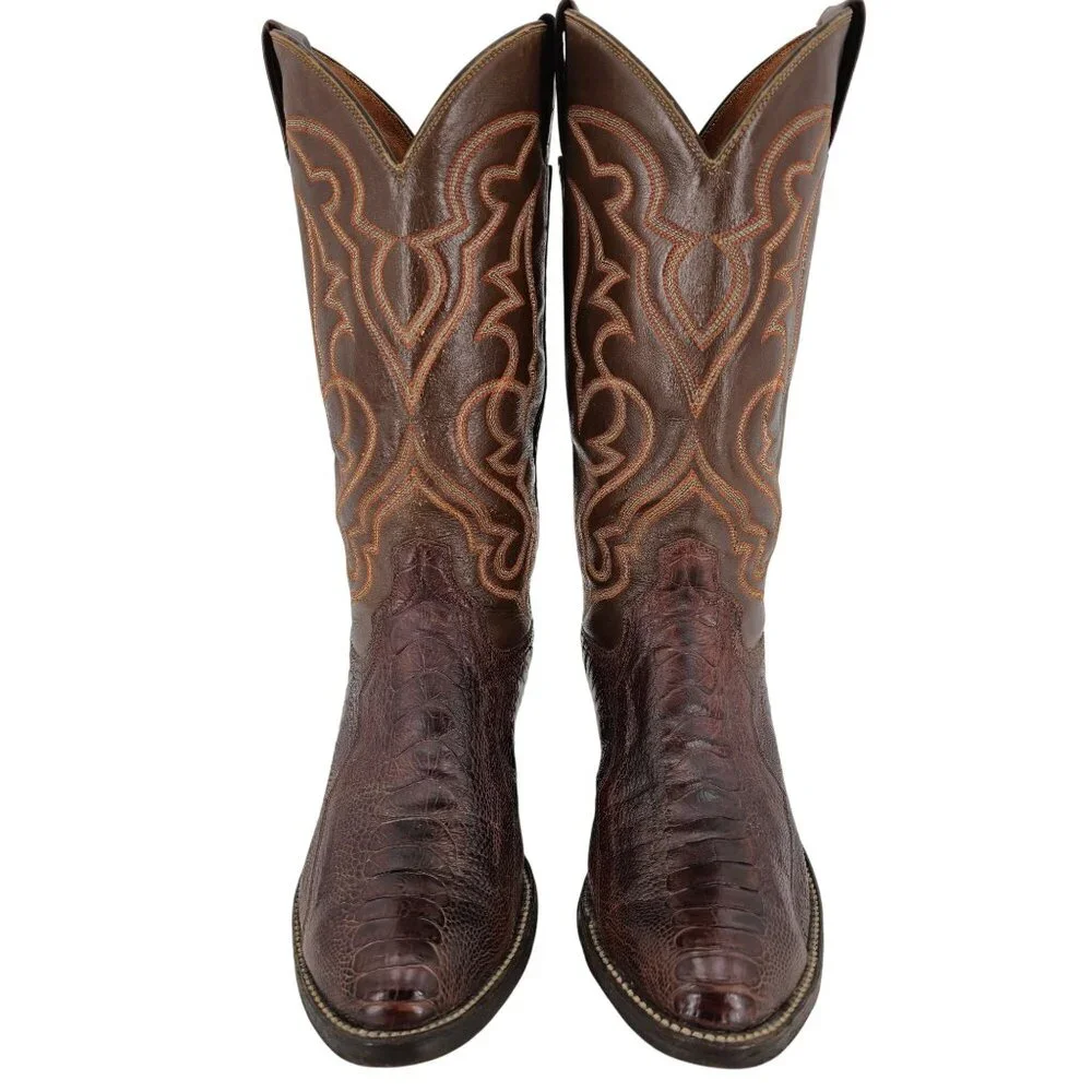 Vintage Exotic Ostrich Leg Mens 8.5D Tobacco Brown Leather Cowboy Western Boots - Picture 2 of 13